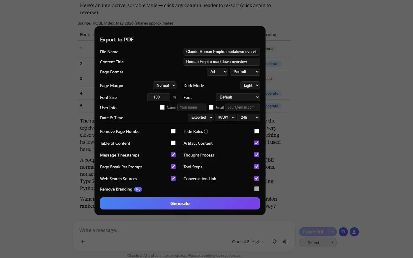 Extension Customize panel showing filename, page format, theme, font and ToC options