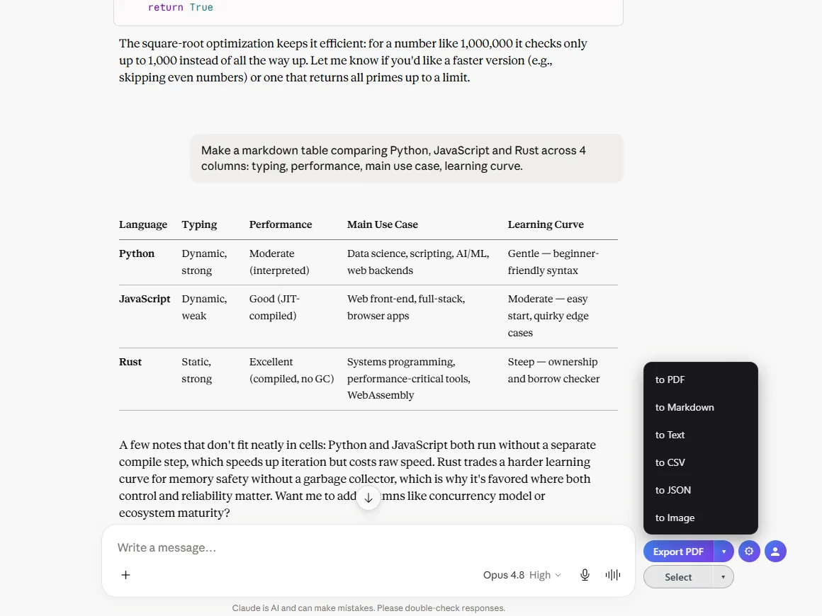 Format picker showing PDF, Markdown, Text, CSV, JSON and Image options