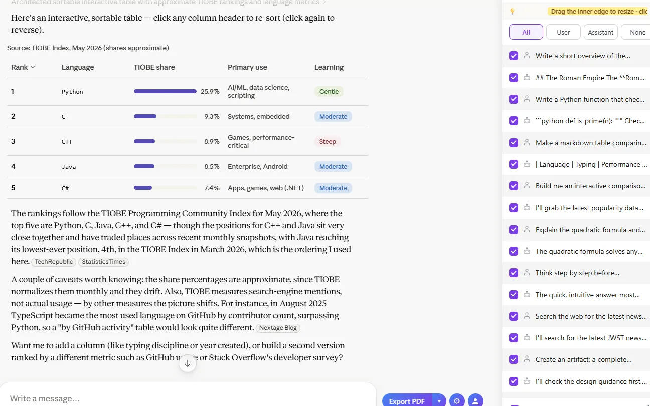 Multiple Claude messages with their checkboxes ticked, ready to export only what's selected