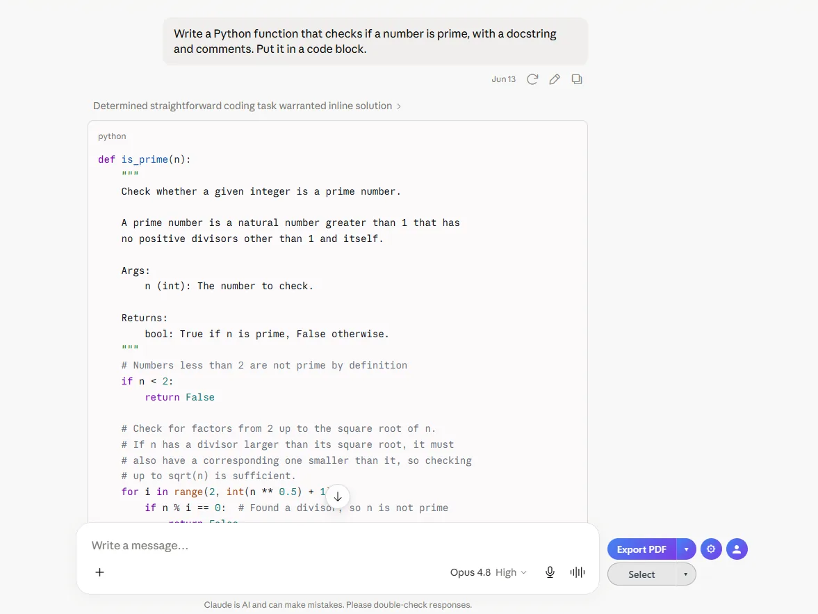 Claude conversation with the extension's Select-mode active and Export PDF ready